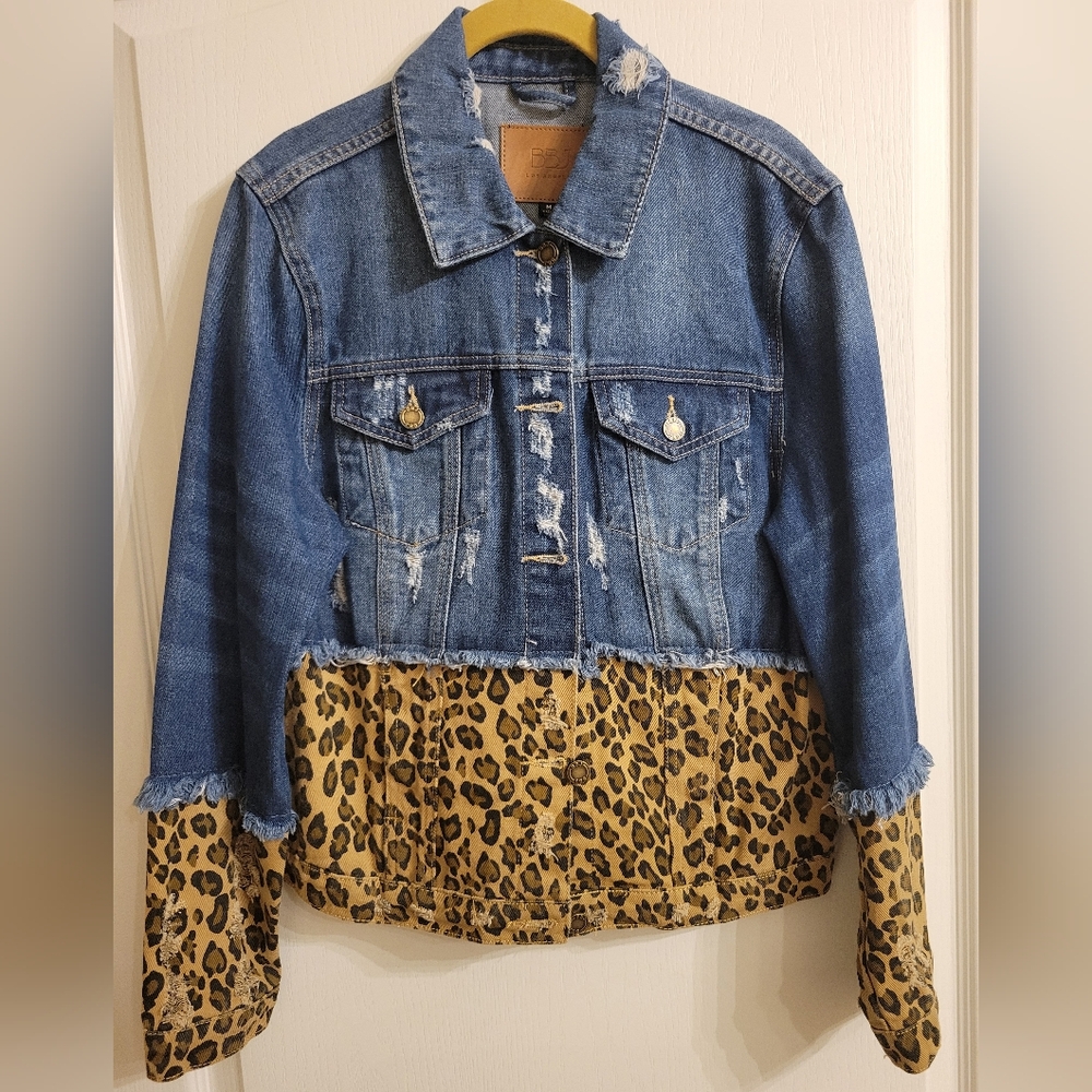 BBJ denim Jacket with Cheetah Accent, size medium, like new
